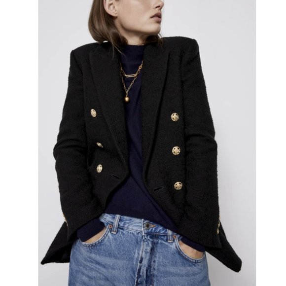 COPY - ZARA WOMEN NEW DOUBLE BREASTED TEXTURED WEAVE BLAZER BLACK 2761/257 XS - Picture 6 of 13